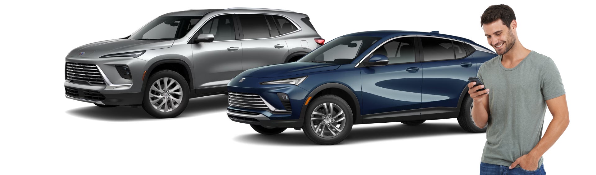 Man on the phone infront of Buick Lineup